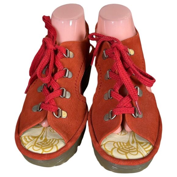 Fly London Ylfa Lace Up Red Leather Open Toe Wedge EU Size 40  US 9.5 - Picture 3 of 8